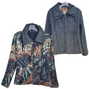 Lindi Womens Medium Reversible Jacket Animal print Black Green Ombre Pleated Art